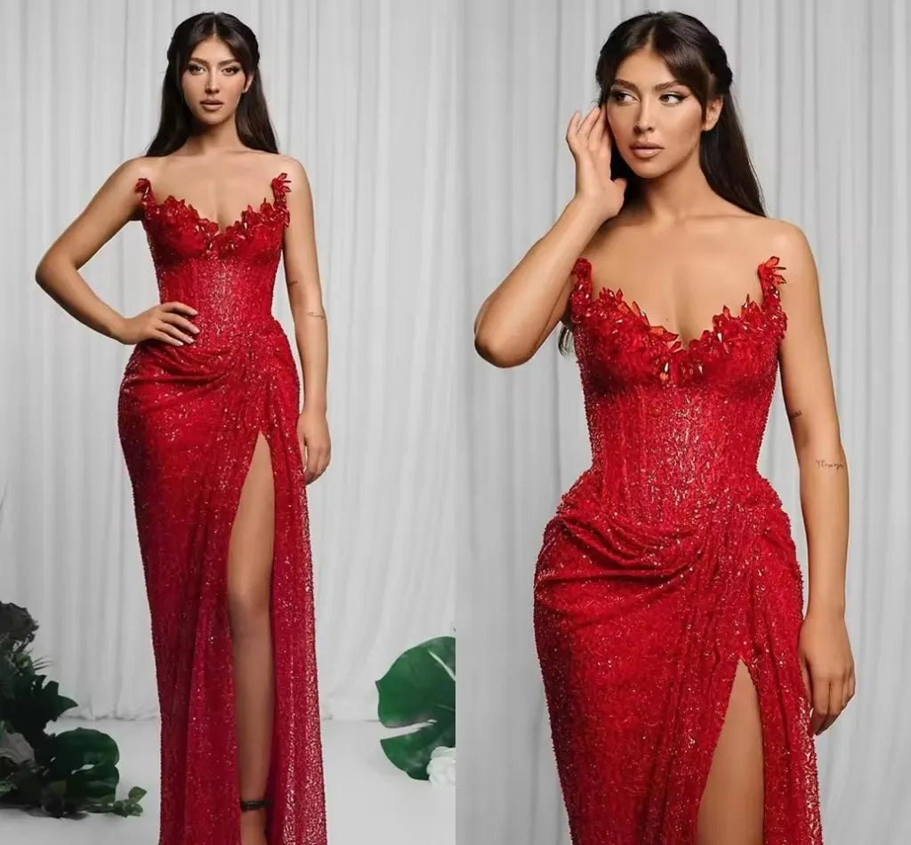 Robe Soirée Sequins Rouge Fendue
